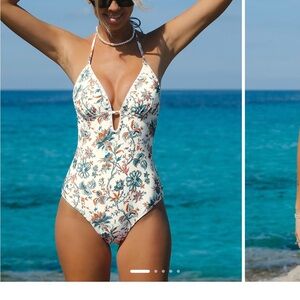 Cupshe Floral One Piece Swimsuit - White and Blue